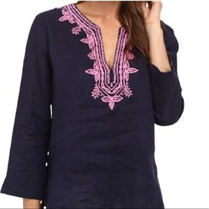Lilly Pulitzer Amelia Island Tunic Top Navy Linen Embroidered Resort Cruise